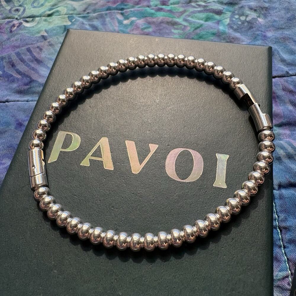 PAVOI Stainless Steel Beaded Bangle Bracelet In Box